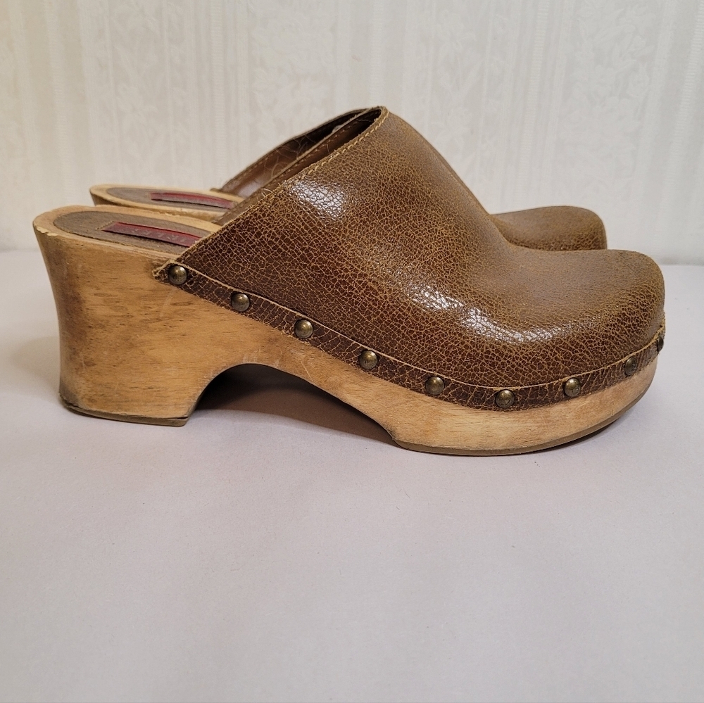 Esprit Vintage Y2K Brown Leather Wood Clogs Chunky Bratz Size 8 - Picture 5 of 10